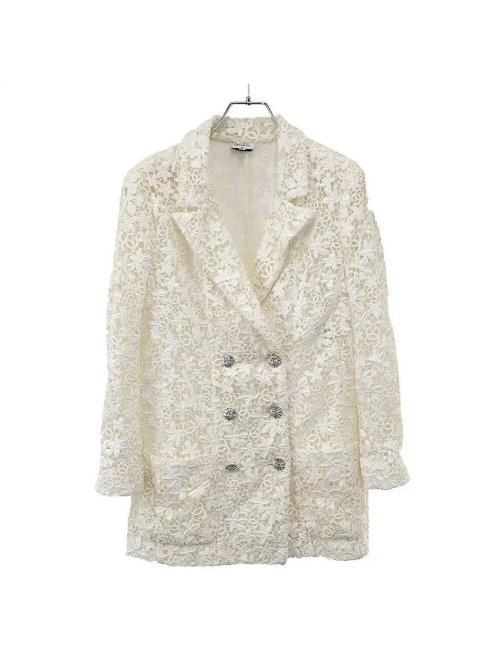 Chanel CC Logo Button All Lace Double Breasted Jacket White 36